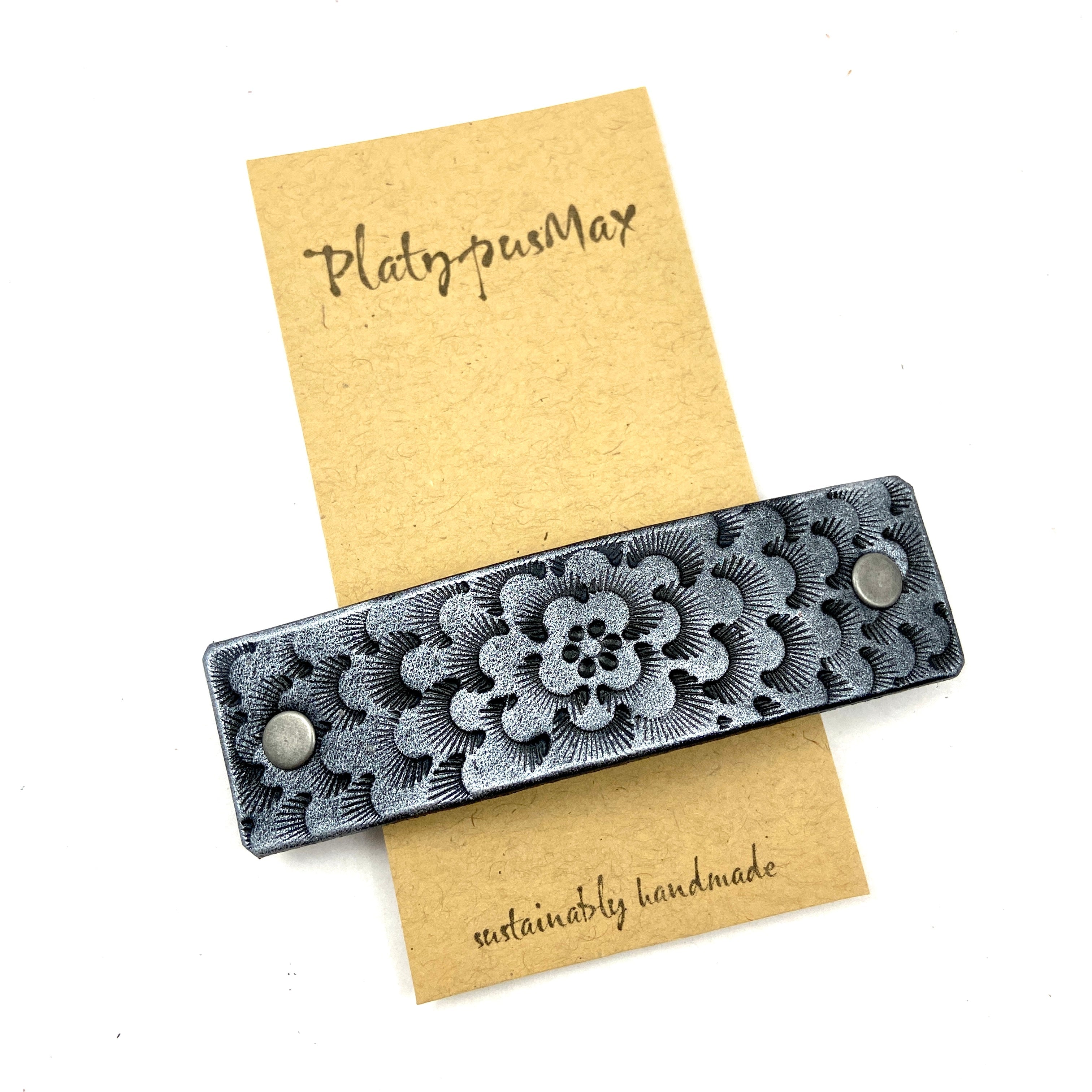 Silver And Black Chrysanthemum Tooled Leather Hair Barrette - Rosetta Creative Boutique